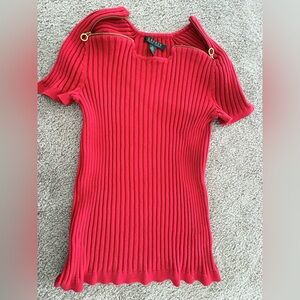 Ralph Lauren Red Ribbed Short Sleeve Knit Top with Gold Rings Pre-owned size Xl